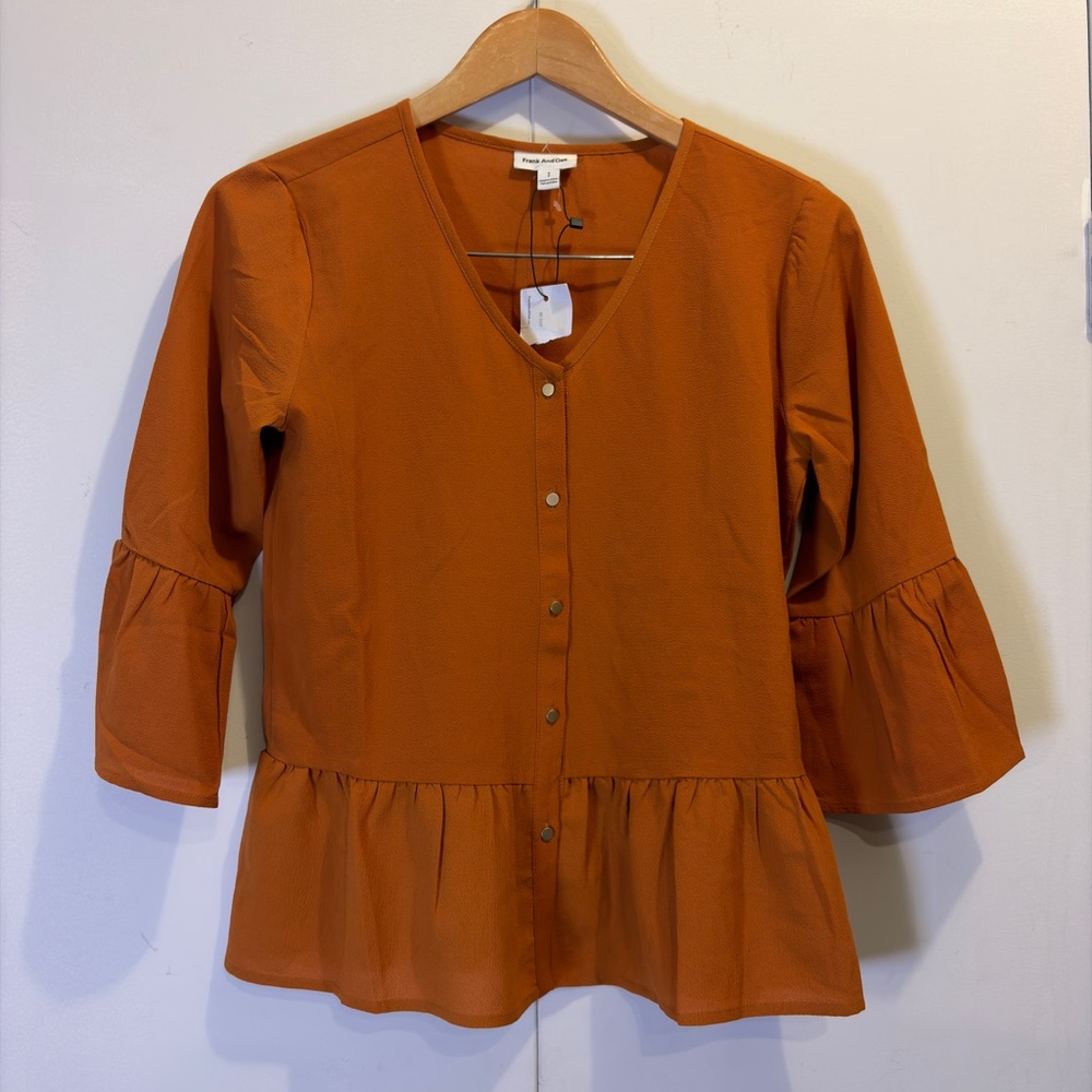 Frank and Oak Cosmic Orange Gold Button Blouse